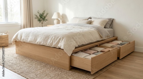 A comfortable wooden bed featuring built-in pull-out drawers filled with neatly folded clothes sits peacefully inside a luminous sunlit apartment chamber during the morning hours