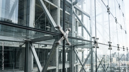 Architectural view showing heavy steel beams supporting a large glass facade on a commercial office tower under construction in a bustling metropolitan downtown area during daytime hours