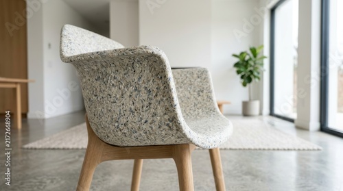 A stylish textured armchair with wooden legs stands in the brightly lit interior of a contemporary home featuring polished concrete flooring and large windows overlooking the bright outdoors