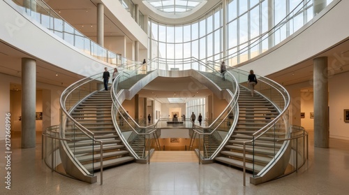 People walk through a grand contemporary museum foyer featuring impressive dual curved staircases beneath towering glass windows that flood the spacious interior hall with bright natural