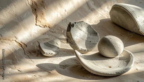 Abstract Ceramic Sculptures and Pottery Fragments With Textured Surfaces Under Studio Lighting