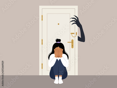 Картината върху платно Mental Health Concept: Anxiety and Fear Illustration of a Woman Hiding from a Sh