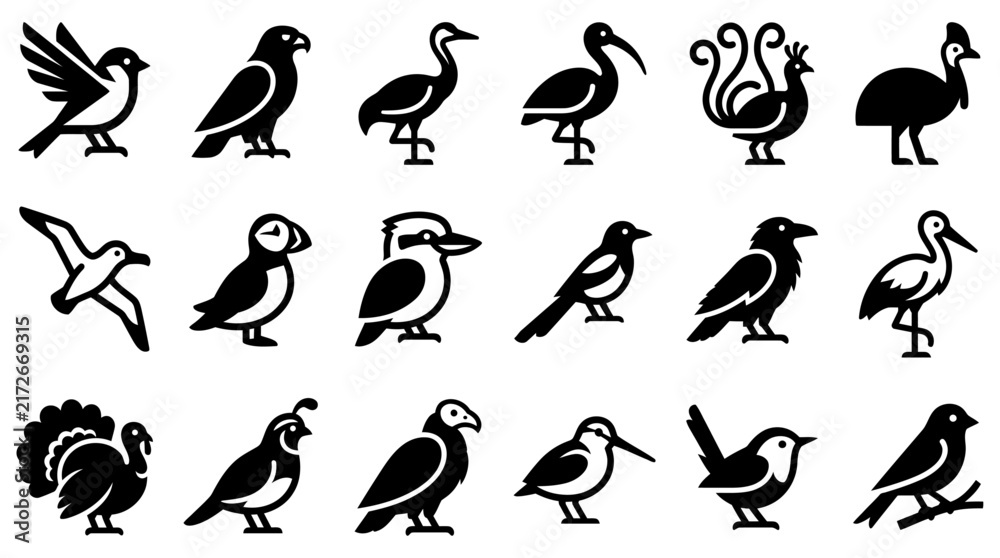 Naklejka premium Collection of diverse bird silhouette icons including eagles, peacocks, and storks for wildlife and nature graphic design projects