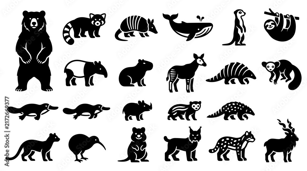 Obraz premium Collection of Diverse Wild Animal Silhouette Icons Set for Nature and Wildlife Design Elements