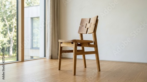 An artisanal handcrafted wooden chair stands proudly inside a sunlit room featuring large glass windows overlooking a serene green forest, showcasing exquisite craftsmanship and natural wood