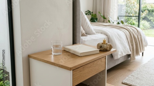 A serene bedroom features a wooden nightstand holding a glass of water and a closed book beside a cozy bed adorned with soft linens and pillows inside a bright contemporary living space