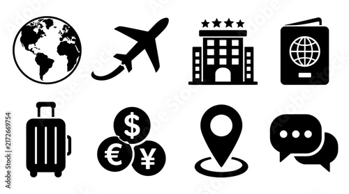 Travel Icons Collection Featuring Globe Plane Suitcase.