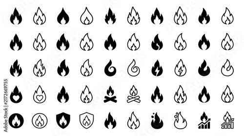 Assortment of Flame Icons in Varied Styles and Outlines.
