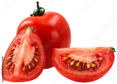 Canvas Print Fresh Ripe Red Tomato, One Whole and Two Juicy Slices, Isolated on Transparents Background for Healthy Cooking and Eating