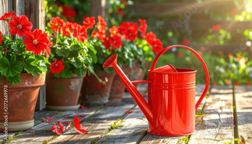 Bright Red Watering Can Beside Potted Red Flowers on Wooden Garden Path
