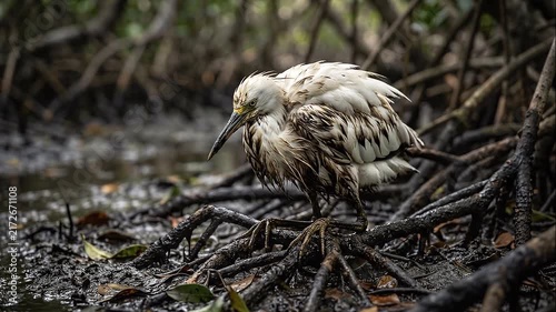 Bird covered in oil struggling in a polluted mangrove environment