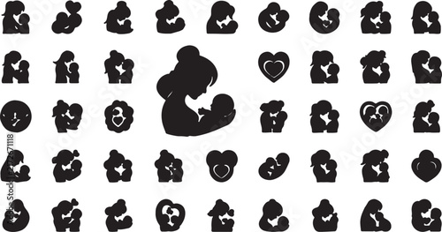Set of silhouette icons representing motherhood and family love with motherhood silhouette connection relationship maternity togetherness nurturing affection parenting protection