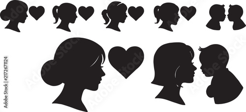Collection of silhouette profiles of mothers and children with hearts family love black and white icon set silhouette profiles relationship together connection affection parenthood