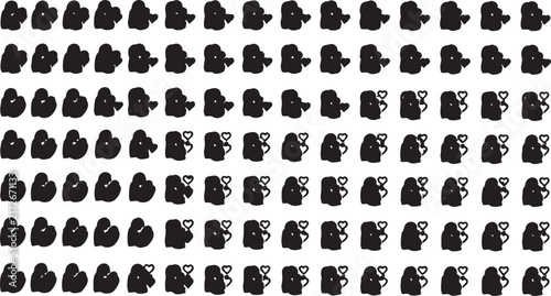 Array of silhouette icons depicting embracing figures with black and white abstract shapes design element silhouette together relationship connection collection abstract minimalist