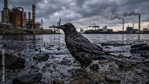 Oil covered bird on a polluted shoreline near an industrial factory