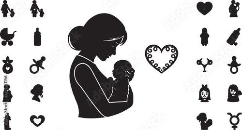 Mom embracing baby silhouette with heart and baby icons black and white baby bottle silhouette parenthood maternity nurturing affection together childhood maternal illustration
