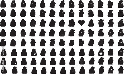 Large collection of mother and baby silhouettes in numerous variations with black and white silhouette parenthood maternity nurturing affection together childhood maternal abstract