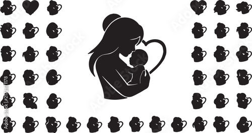 Mother and baby silhouette with heart icon surrounded by cup icons black and white silhouette affection illustration relationship parenting maternity nurturing tenderness childhood