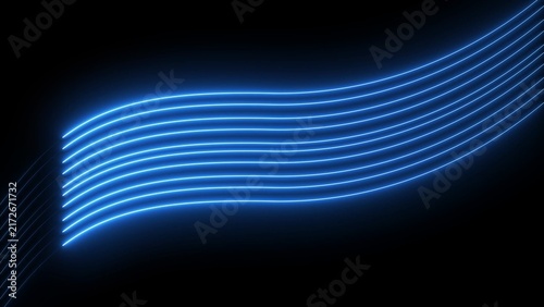 Obraz na plátně A series of bright blue neon light lines gracefully curving and flowing across a