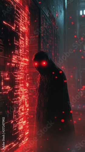 Abstract figure with glowing eyes in a futuristic environment
