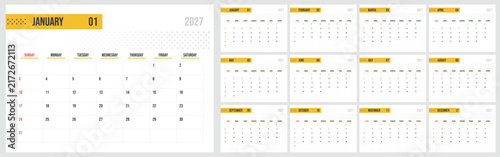 Modern calendar for 2027. Monthly calendar template for 2027. Week starts from Sunday.