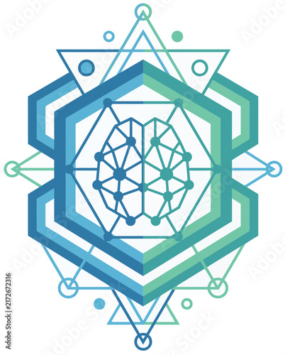 A complex geometric design featuring a central brain-like network of dots within a hexagonal structure, surrounded by intricate triangles and circles, symbolizing intelligence and interconnectedness