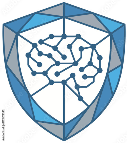 A stylized blue and grey geometric shield emblem with a brain network inside, representing artificial intelligence and data security.