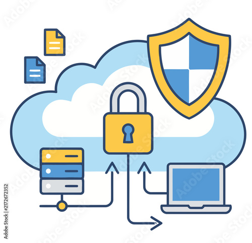 Illustration of cloud computing security with data protection, network safety, and secure access for servers and laptops.
