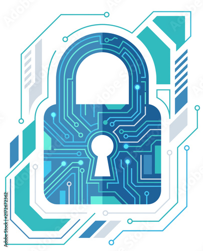 Digital padlock with circuit board design symbolizing cybersecurity and data protection.