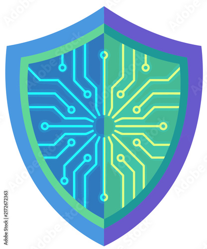Digital security shield with circuit board pattern in blue and green hues, symbolizing cyber protection and data integrity.