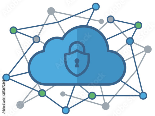 Secure cloud computing network with padlock and shield symbol illustrating data protection and digital infrastructure.