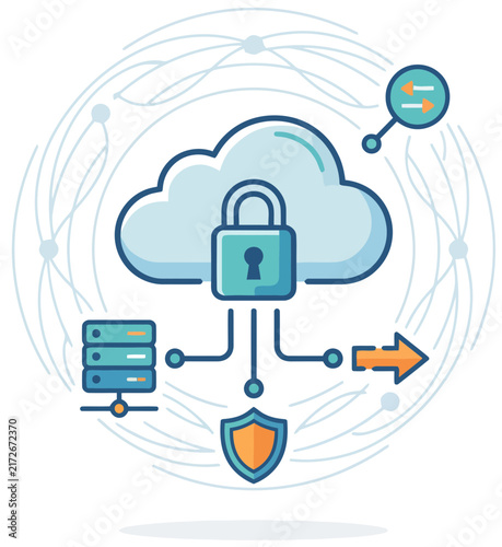 Secure cloud computing concept with data protection, server infrastructure, and network connections.