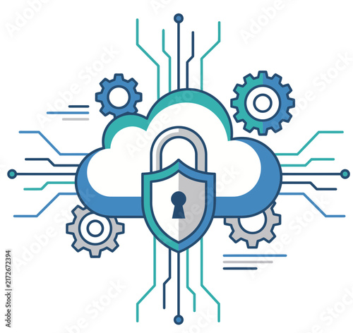 A stylized illustration representing cloud security, featuring a padlock and shield on a cloud, surrounded by gears and digital circuit lines.