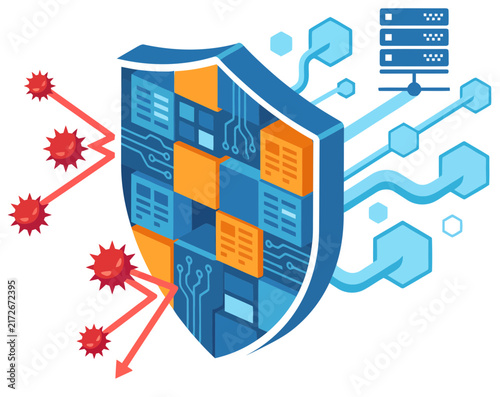 Digital shield protecting data servers and network infrastructure from cyber threats and viruses, illustrating robust cybersecurity measures.