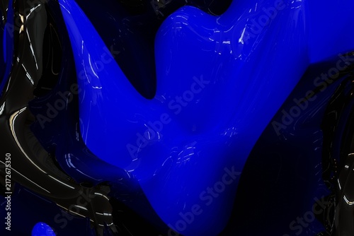 Abstract glossy blue and black 3D fluid forms with dramatic reflections, futuristic aesthetics, and luxurious dark background.