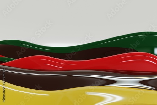 Abstract 3D glossy waves in red, green, brown, and yellow, creating a bold layered composition with smooth flowing curves.