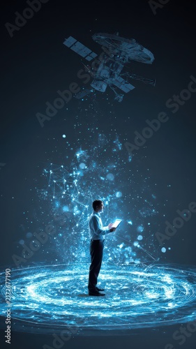 Businessman using tablet with hologram network and satellite for global communication concept.