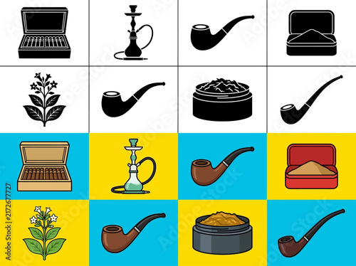 Konstfotografi Tobacco and Smoking Accessories Vector Icon Set with Pipes Cigars and Hookah