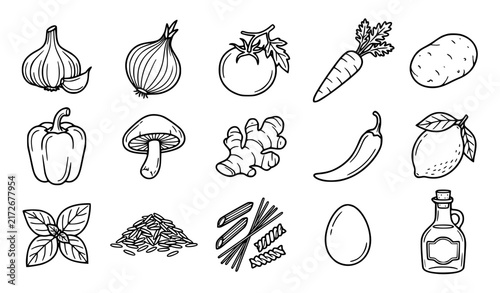 Cooking Meal Prep Ingredients Black White Line Art Vector Collection