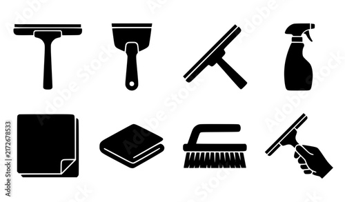 Black Glass Cleaning Squeegee Scraper Wiper Flat Vector Icon Set