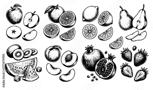 Hand Drawn Fruit Slices and Whole Fruits Vintage Ink Sketch Vector Set
