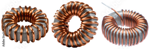 Konstfotografi Three toroidal inductors with copper windings on grey cores, isolated on a white background