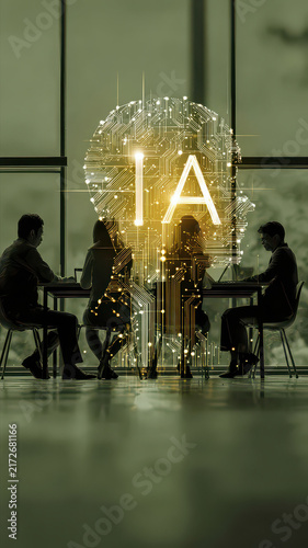 Business people in a meeting with a large AI hologram and network icons for a smart company concept.