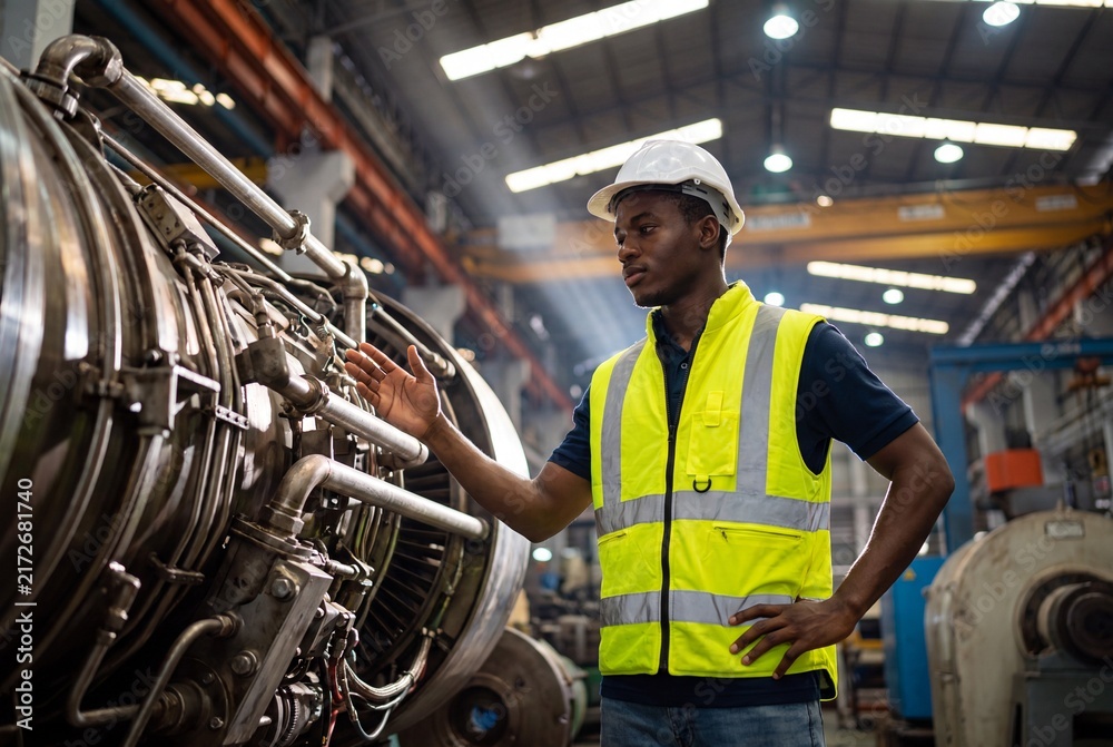 Fototapeta premium Black Engineer Inspecting Industrial Turbine Machinery in Manufacturing Factory