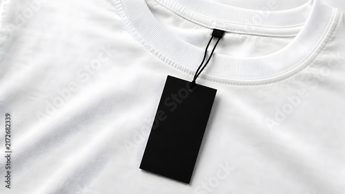 Blank black label on white t-shirt collar, mockup with copy space for designer, soft cotton texture, fashion branding concept, retail business template