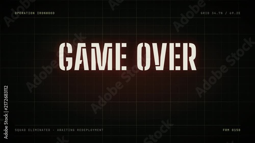 Game over sign in red with dark background in war game concept