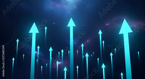 Upward Moving Blue Arrows in a Cosmic Space Background Representing Growth and Inspiration Through Digital Visualization