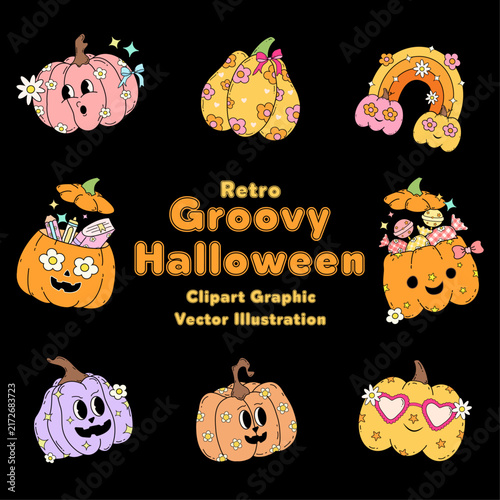 Retro Halloween Pumpkin Character Doodle Hand Drawing Vibrant Bold Vector Illustration.