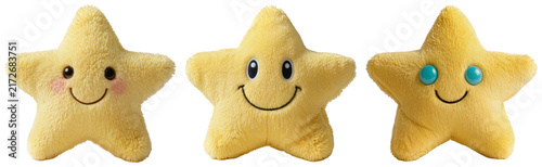 Canvastavla Three fluffy yellow star-shaped plush toys with smiling faces, isolated on a whi