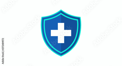 Blue Shield Icon With White Medical Cross Symbol.